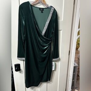 MSK Dark Emerald Green Velvet Dress with Silver Beaded Bling Sparkle Trim